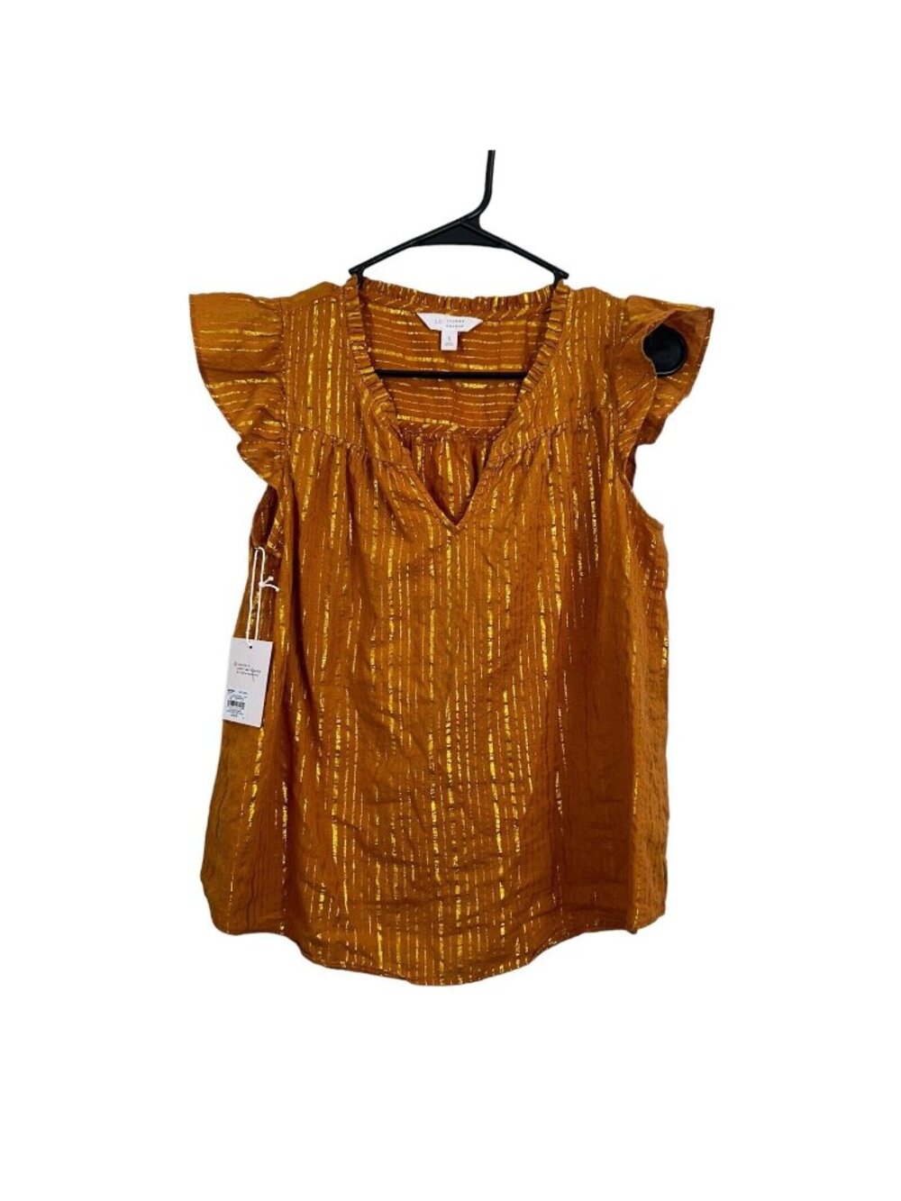 LC Lauren Conrad Women SZ S Mustard Gold Striped Top Blouse Tie V Neck Pullover